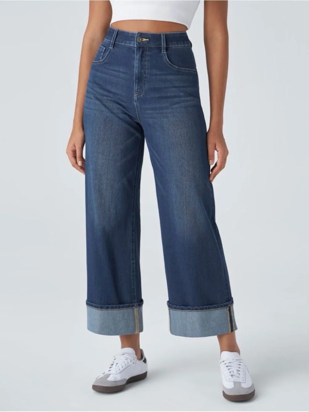 HALARA Flex High Rise Wide Leg Cropped Cuffed Stretch Blue Denim Jeans P L NWT - Picture 1 of 11
